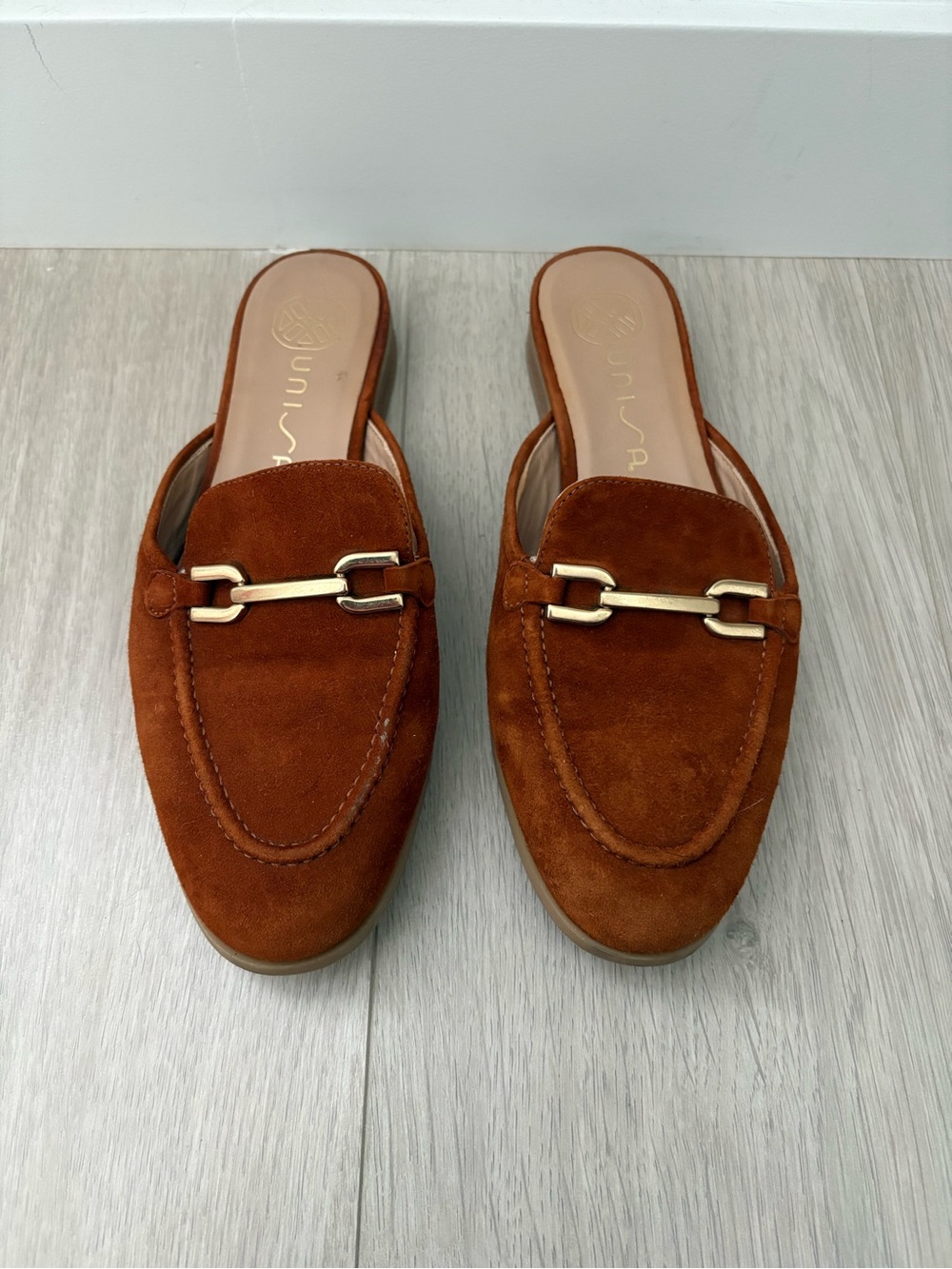 Unisa Rust Brown Suede/Leather Slip-On Loafers with Gold Bit Size Euro 40